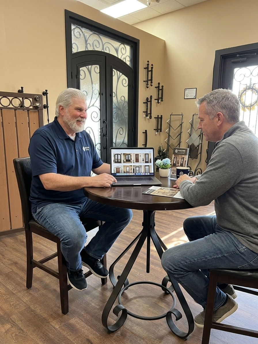Allied Iron team reviewing custom iron door design with homeowner