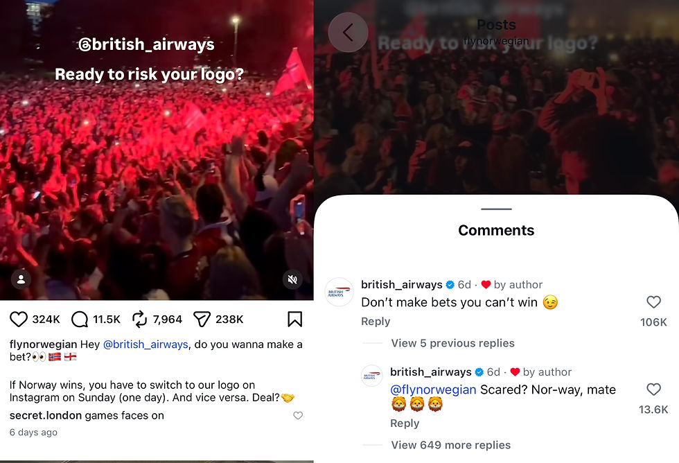 Instagram screenshots of Norwegian's bet challenge post and British Airways' reply
