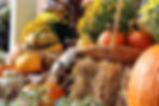 Pumpkins and gourds arranged with hay and flowers for Atlanta fall porch decor.