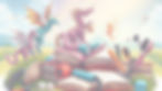 Landscape image of fantasy elements. books dragons, unicorns, fairies, dice, hair shears,