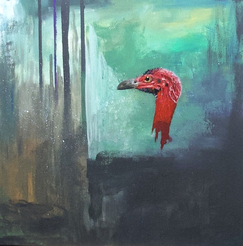 Ölbild auf Acryluntergrund eines australischen Buschtruthahns