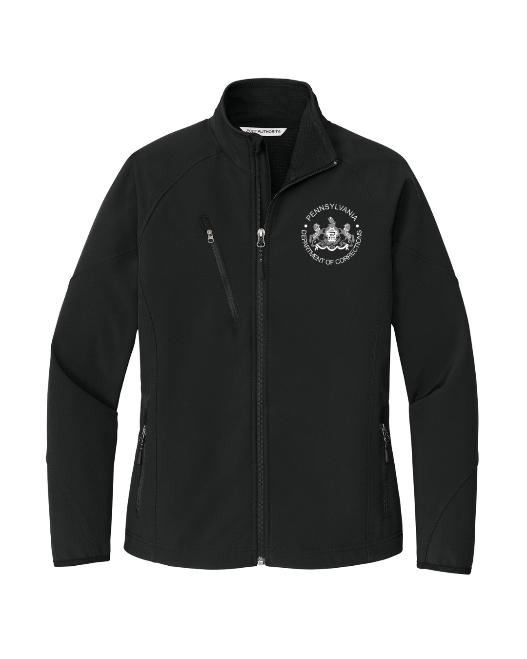 "Design 1" Embroidered Women's Black Textured Soft Shell Jacket (SCI Sale 26')
