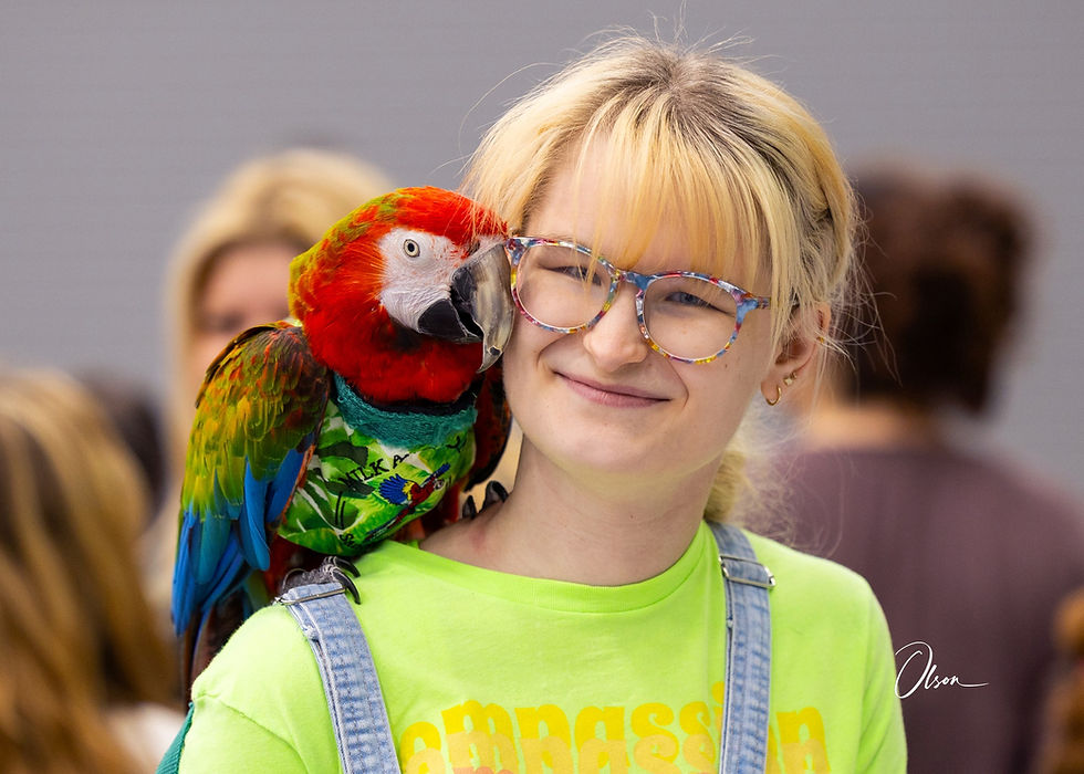 A woman with a macaw on her shoulder at the pet expo rockford.
