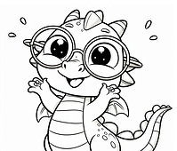 דף צביעה דרקון חמוד עם משקפיים גדולים ומבט סקרן