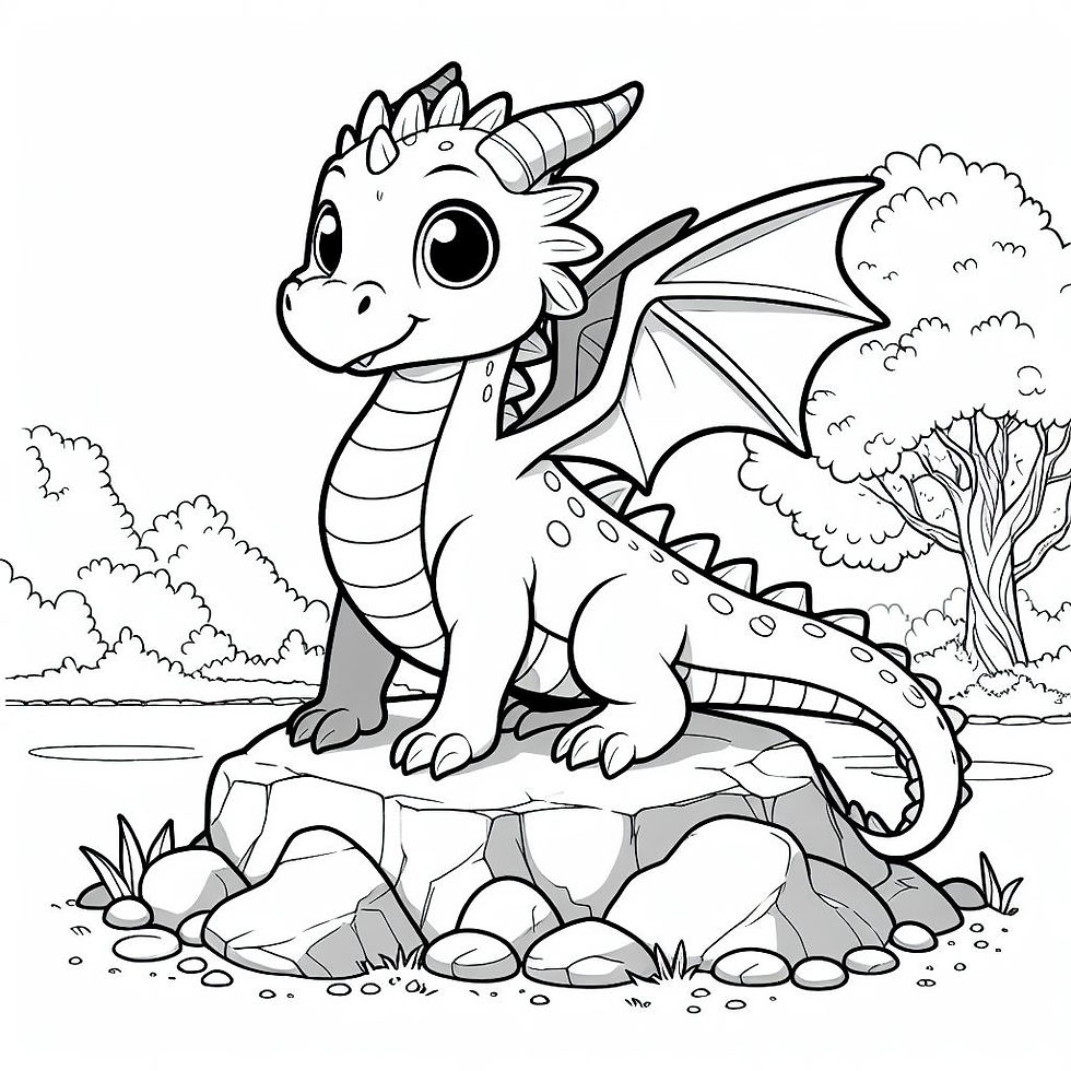 דף צביעה דרקון עומד על סלע עם כנפיים פתוחות בטבע