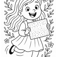 דף צביעה ילדה שמחה מחזיקה מצה לפסח להדפסה חינם