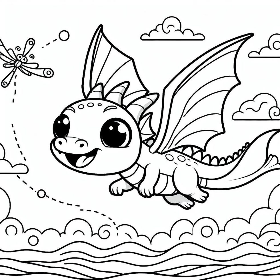 דף צביעה דרקון קטן ושמח עף בשמיים