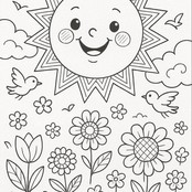 דף צביעה שמש מחייכת ופרחים להדפסה חינם