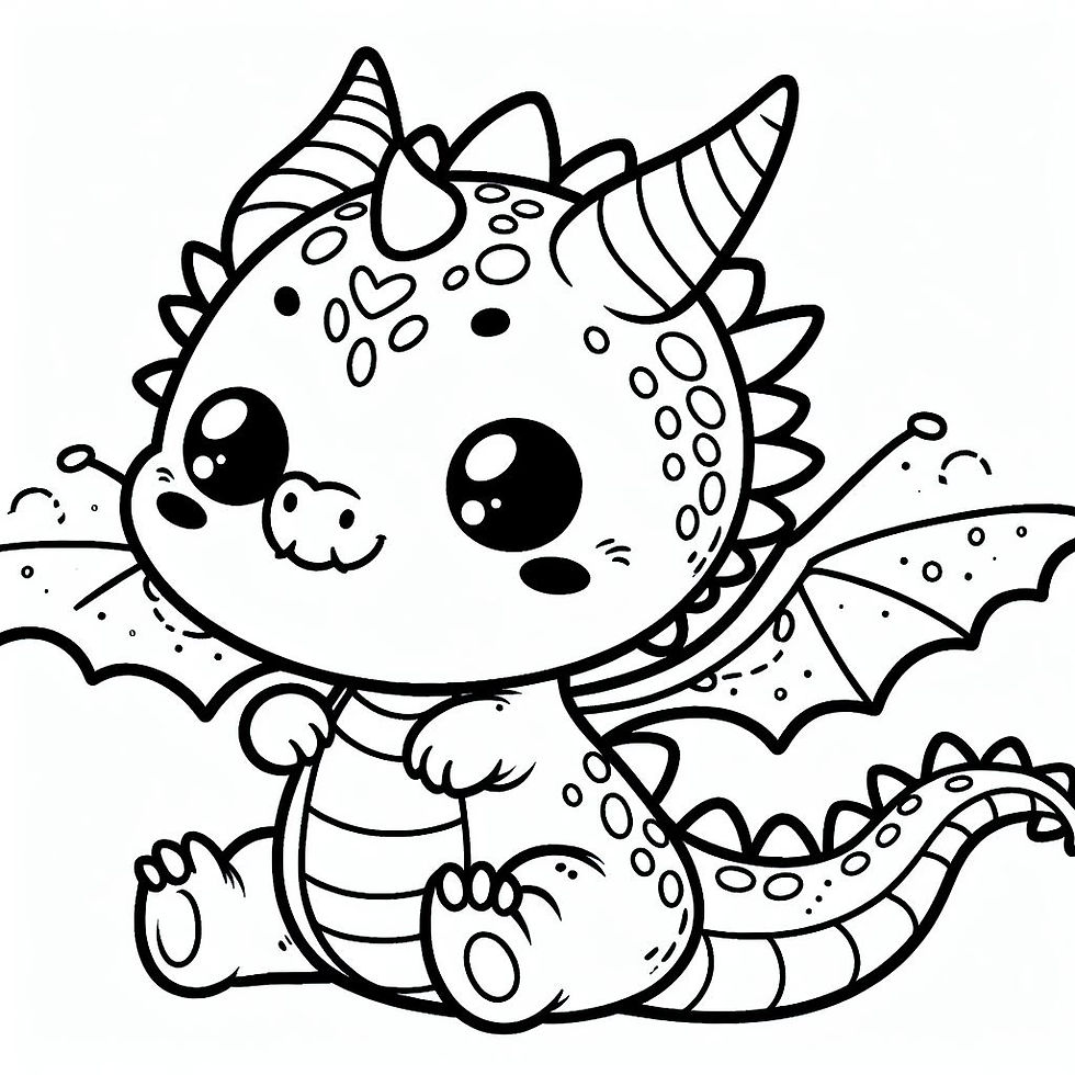 דף צביעה דרקון תינוק יושב עם כנפיים פתוחות וחיוך גדול