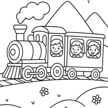 דף צביעה רכבת עם ילדים נוסעת בין הרים, עננים ופרחים להדפסה בחינם