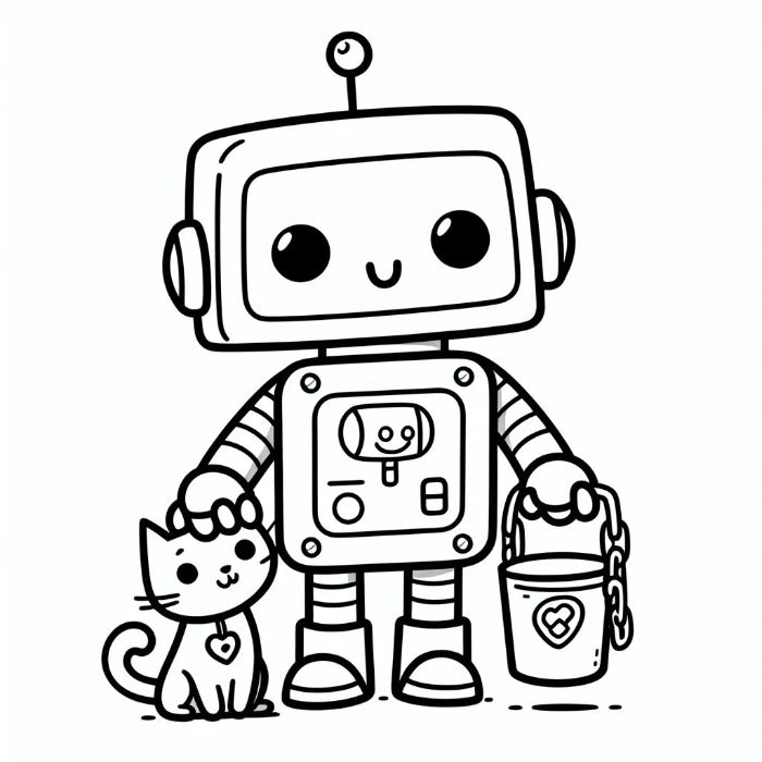 רובוט מטפל בחיית מחמד – ציור להדפסה לילדים