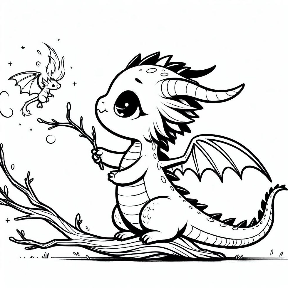 דף צביעה דרקון סקרן יושב על ענף עם פיה קטנה