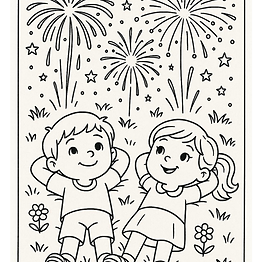 דף צביעה של ילדים שוכבים על הדשא וצופים בזיקוקים לכבוד יום העצמאות להדפסה