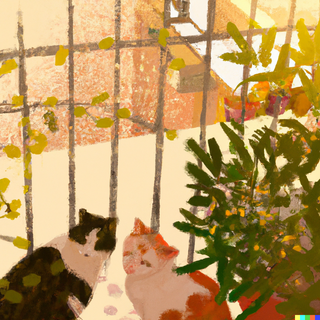 DALL·E 2022-09-29 20.57.14 - an orange cat and a black and white cat sitting on a plants f