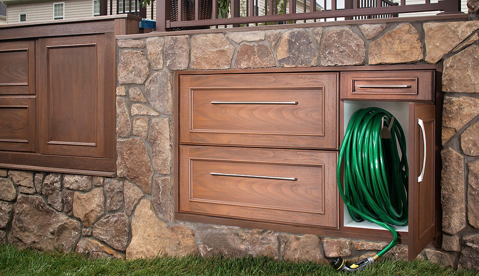 Trex outdoor storage cabinet with hose organizer and waterproof drawers.