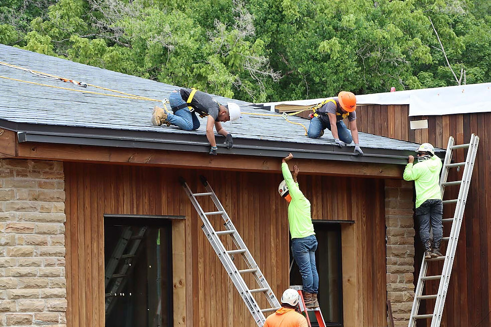 Commercial gutter cleaning crew clearing debris from roof and gutter system during maintenance service
