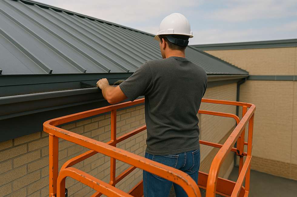 Commercial gutter repair technician inspecting metal gutter system from lift platform on business property