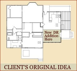 Homeowners’ proposed floor plan concept placing an addition behind the kitchen to square off the dining room and create a walk-in closet