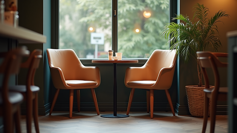 Eye-level view of a cozy coffee shop corner with two empty chairs and a small table