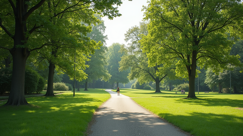 Eye-level view of a serene park with a walking path