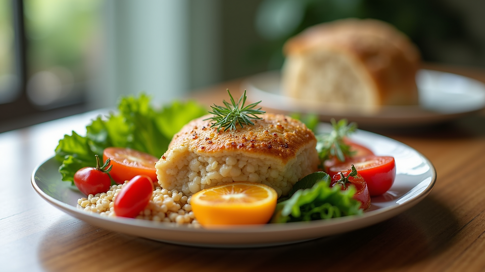 Close-up view of a colorful plate with vegetables, lean protein, and whole grains