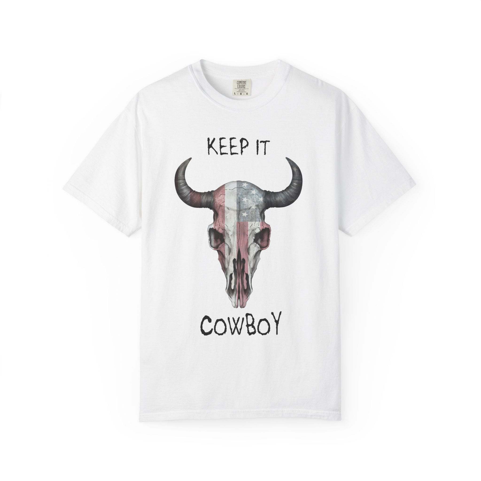 Keep It Cowboy T-Shirt — American Flag Bull Skull Western Tee