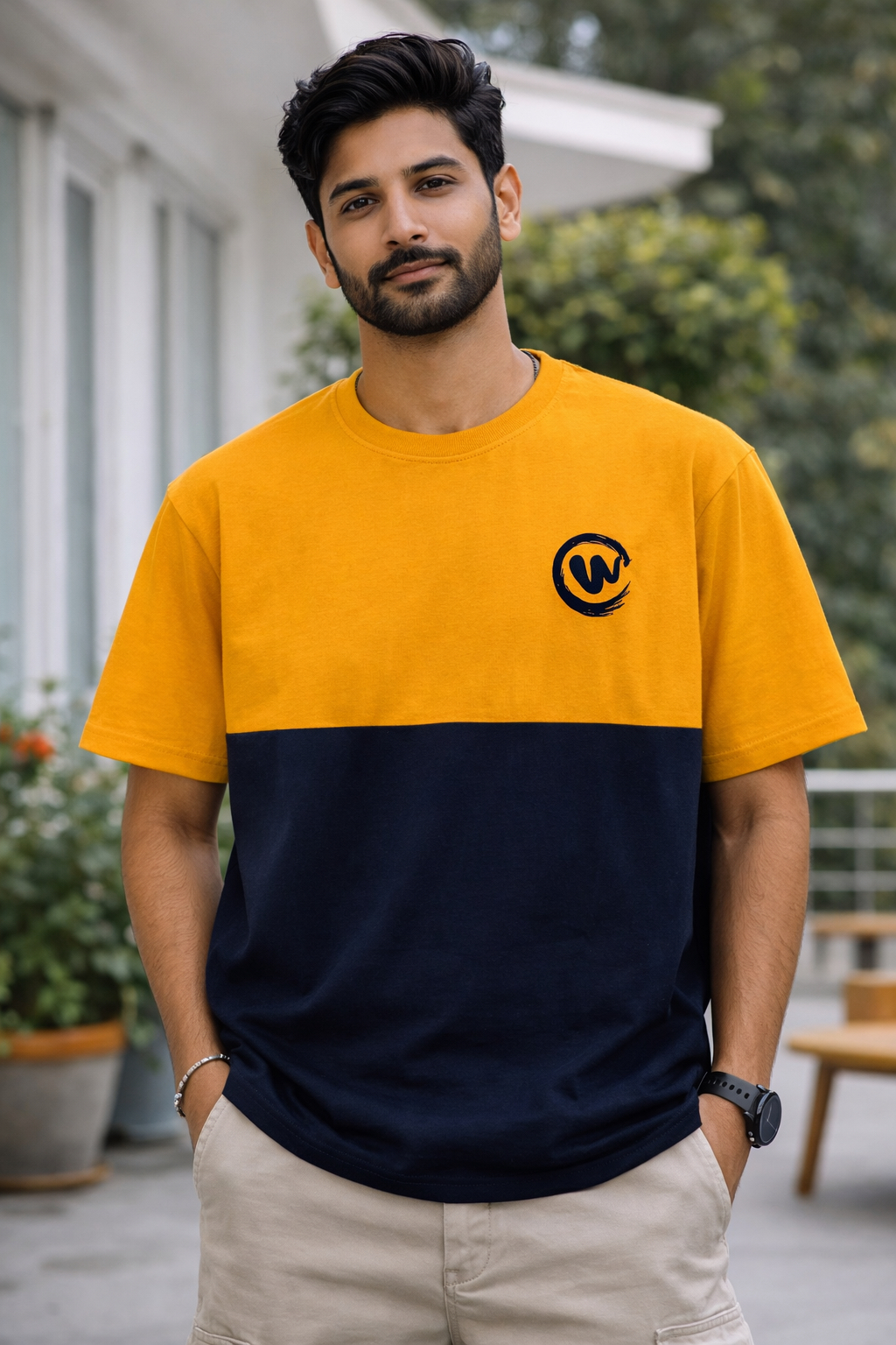 Westernever Unisex Color Block Cotton T-Shirt Yellow Black Casual Wear