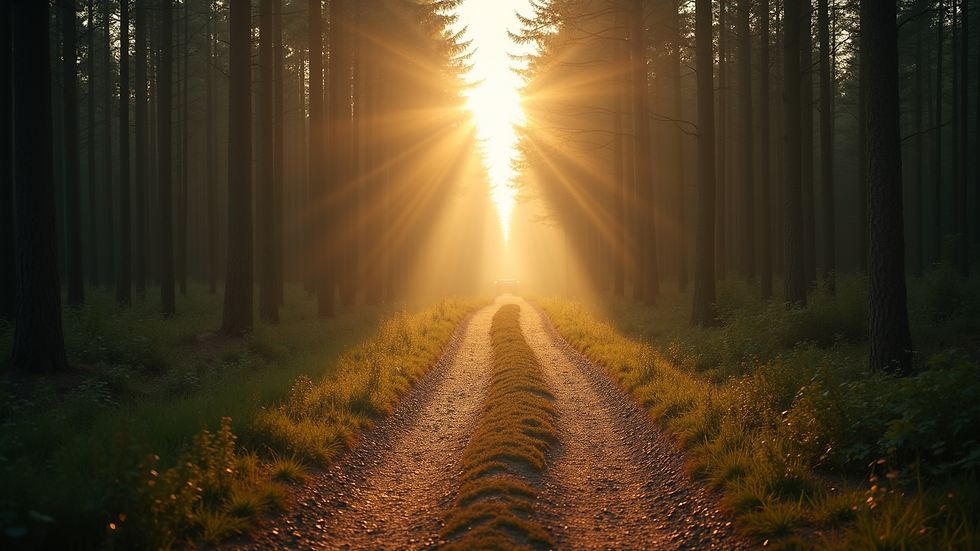 Vue en contre-plongée d’un chemin forestier éclairé par le soleil, symbolisant le cheminement intérieur