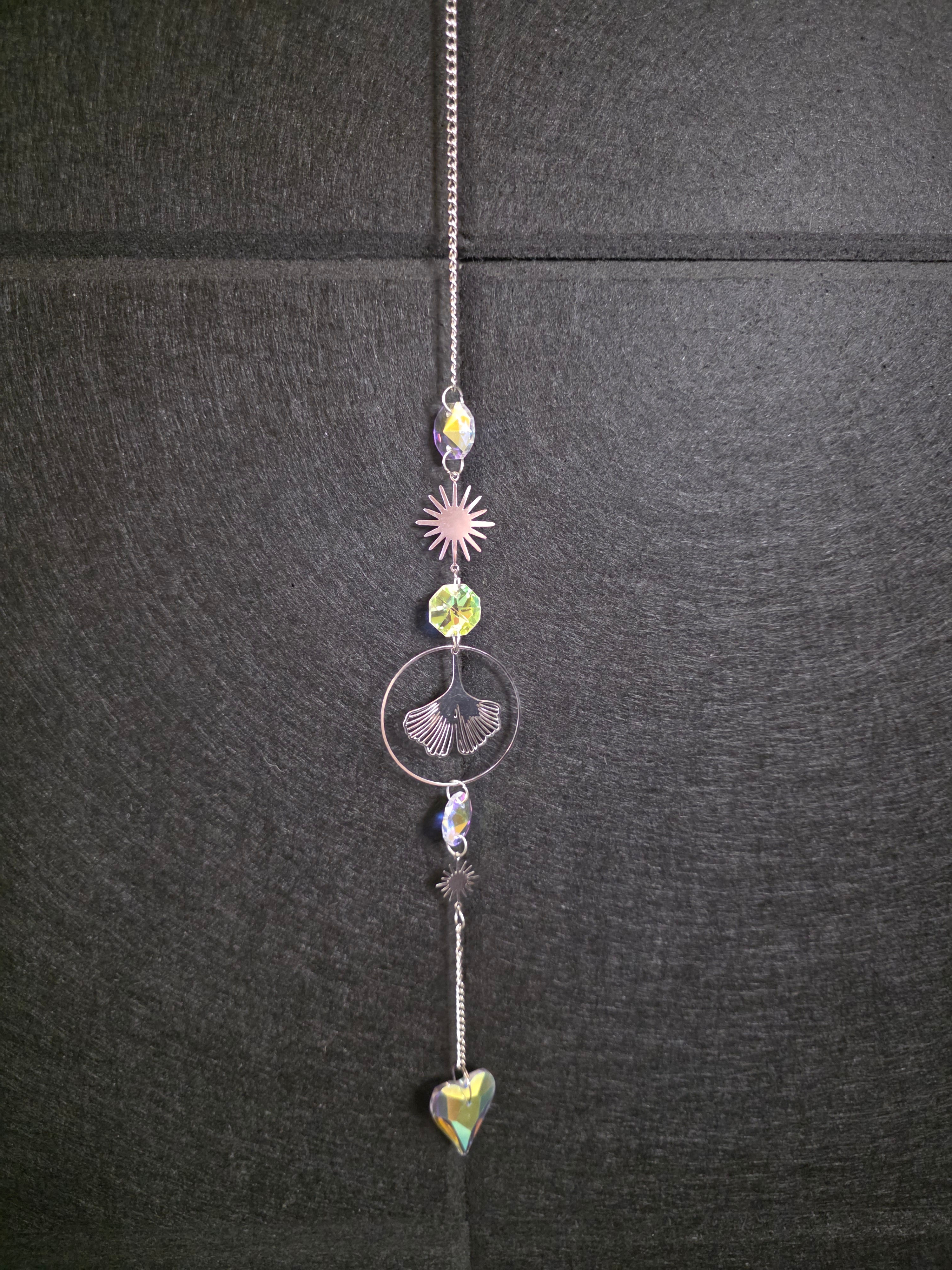 Suncatcher - Golden Ginkgo Leaves with Sun and Rainbow Heart Crystal
