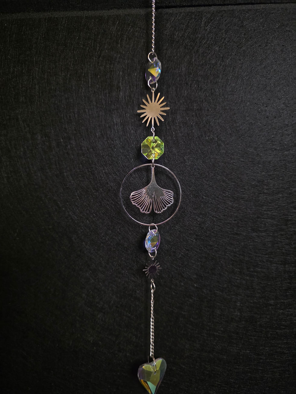 Thumbnail: Suncatcher - Golden Ginkgo Leaves with Sun and Rainbow Heart Crystal