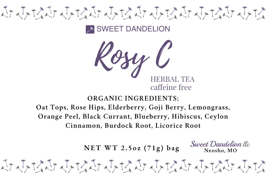Sweet Dandelion Rosy C Herbal Tea front label