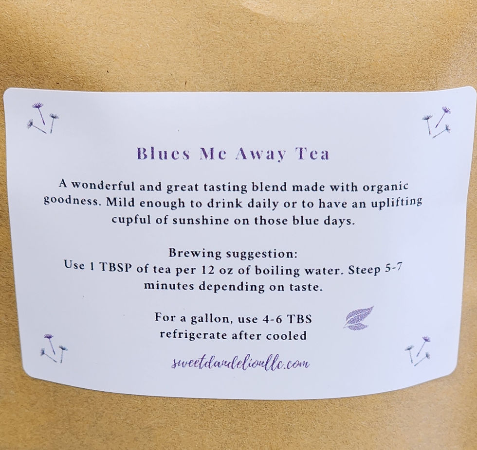 Thumbnail: Back label of Sweet Dandelion Blues Me Away Tea