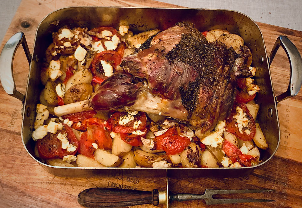Slow cooked Leg of Lamb with potatoes, peppers & tomatoes (serves 8)