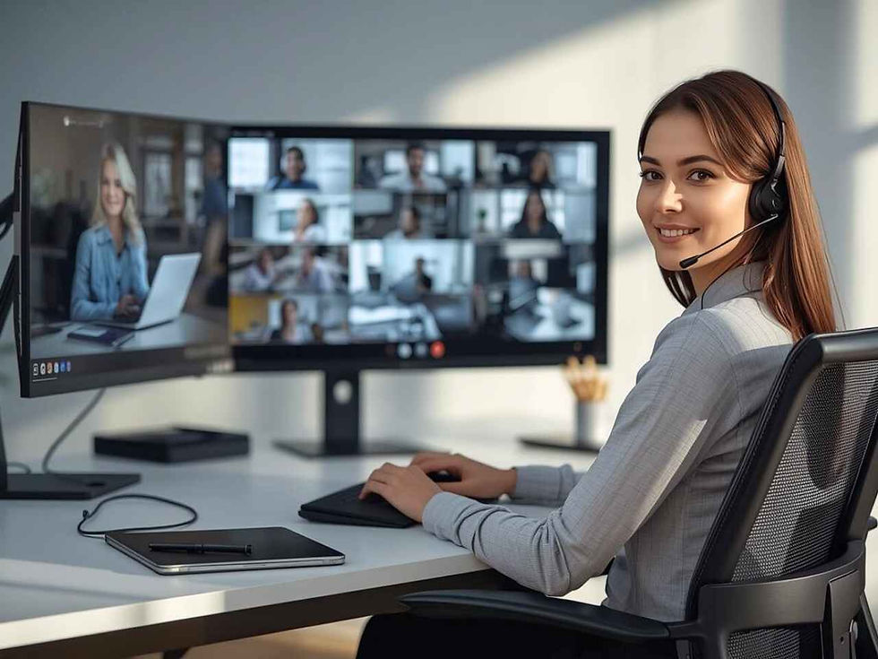a woman in an office, wearing a headset, smiles at the camera. she sits at a desk with two monitors displaying a video conference and a digital notebook for remote office support.