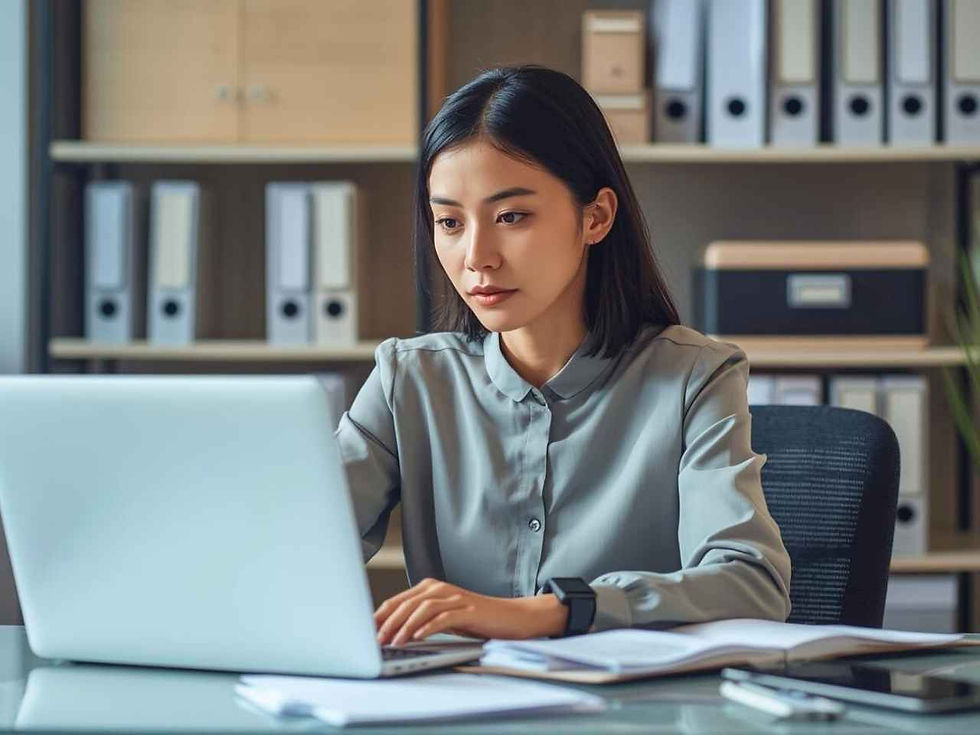 a woman in a gray blouse works intently on a laptop at her desk, surrounded by open notebooks. shelves with binders are in the background. professional setting.