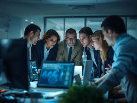 a group of six people in business attire intently gather around a table in a dimly lit office, focusing on a glowing laptop. computer screens nearby display data for outsourcing services in canada.