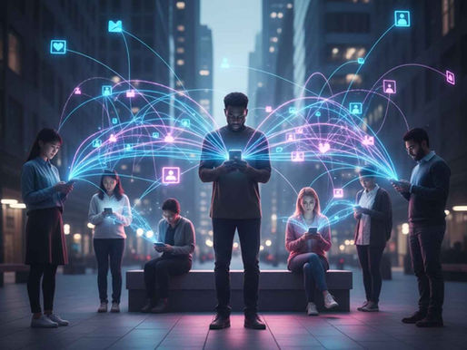 a diverse group of people stand or sit in a city street at night, focused on their phones. bright digital connections and icons glow above them, symbolizing social networking.