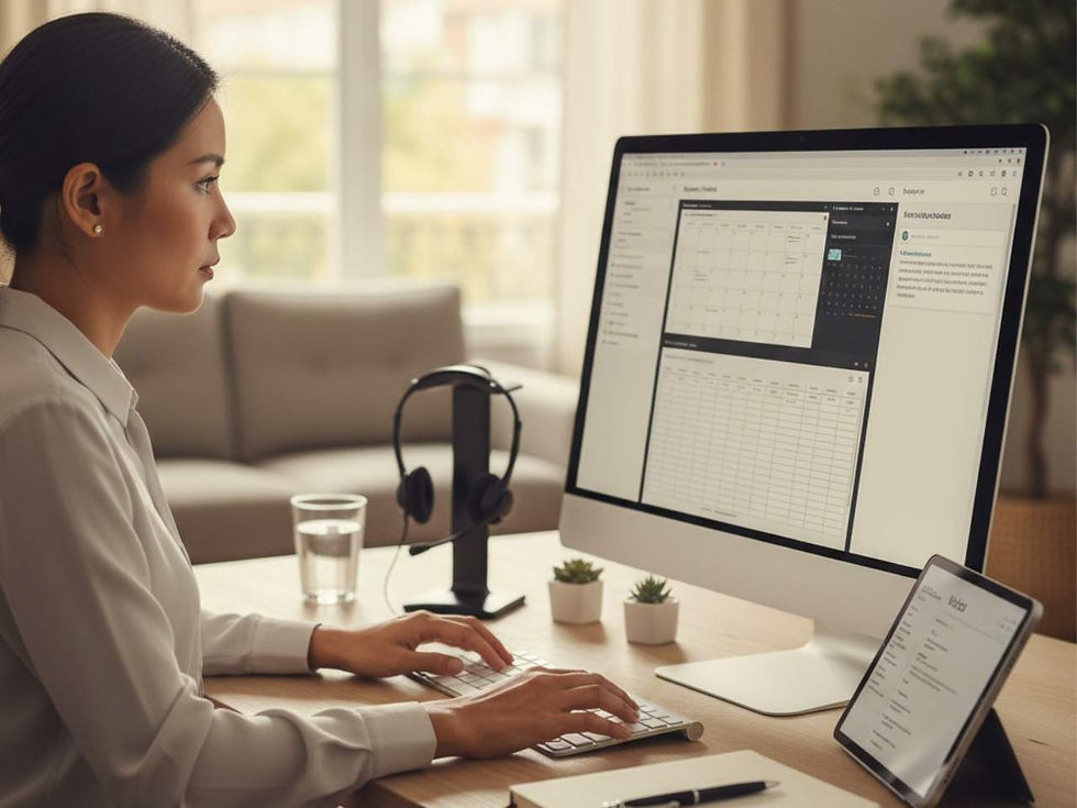 a woman works intently at a computer in a bright office, using a desktop and tablet. nearby are a headset, glass of water, and small plants. the mood is focused and professional.