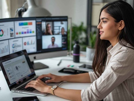 a woman in an office setting is using a laptop and monitor, displaying charts and video call participants. the room is bright and organized, conveying productivity on how to manage remote teams.