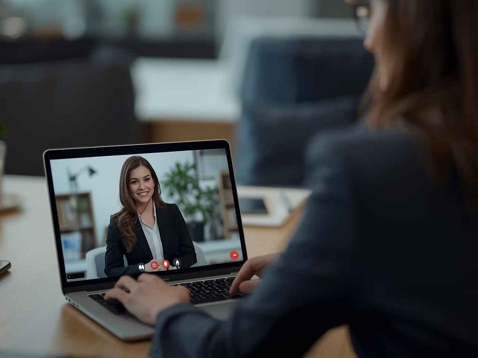 a woman in a business suit is on a video call, smiling, visible on a laptop screen held by another person. the setting is a modern office for executive recruitment canada.