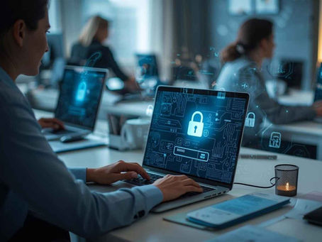 in an office, a person works on a laptop displaying a large padlock symbol, representing cybersecurity. others focus on their screens, conveying concentration for remote staff security.