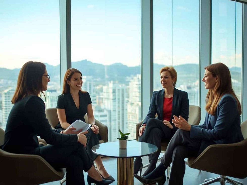 four women in business attire sit in a modern office with large windows, having an engaging discussion. a small plant is on the glass table. bright, professional atmosphere for executive recruiters vancouver.