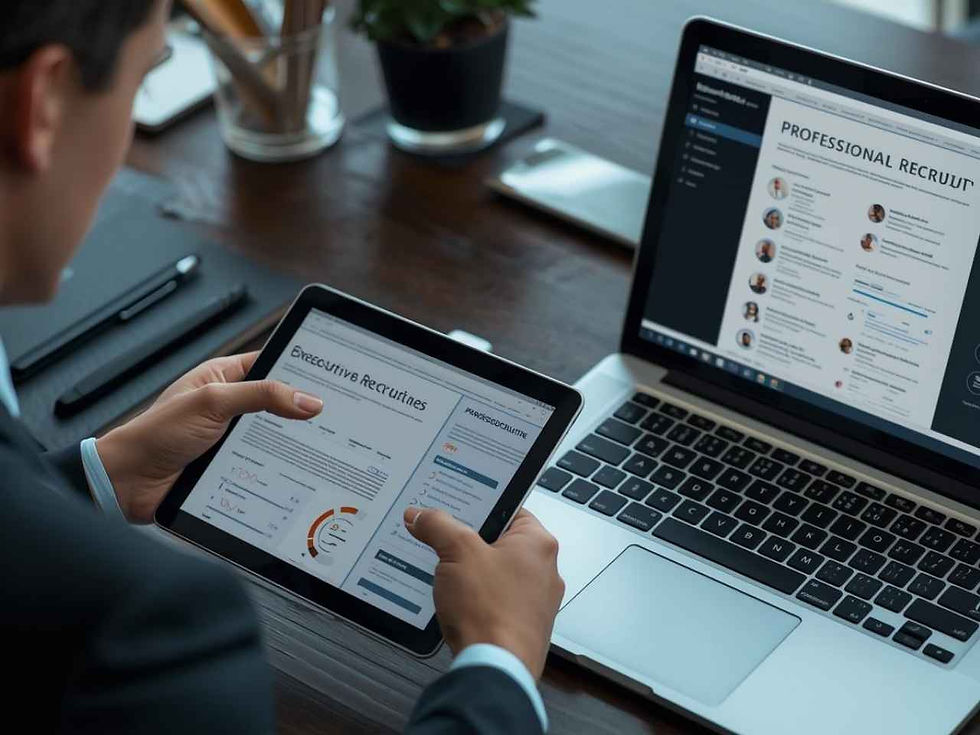 a person in a suit reviews executive recruitment details on a tablet and laptop. the scene conveys a professional and focused business environment.