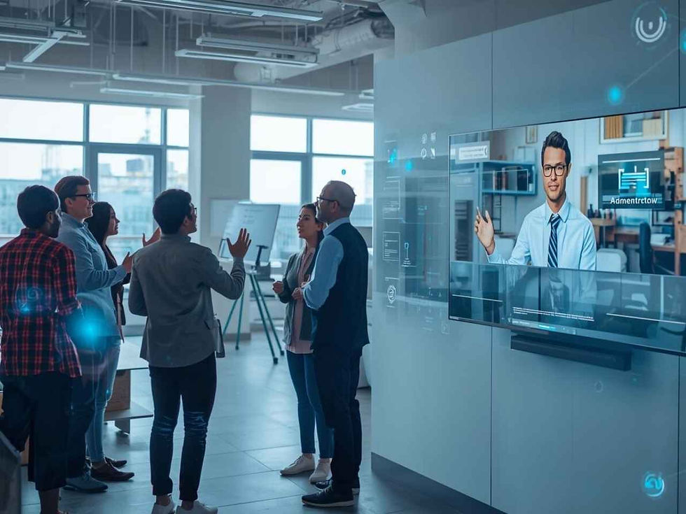 a team of six diverse individuals in a modern office engages in a video conference, facing a large wall screen displaying a speaker in formal attire.
