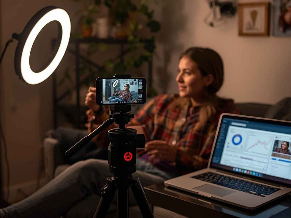 a woman in a flannel shirt sits on a sofa, filmed by a smartphone on a tripod. a ring light and laptop displaying charts are beside her, creating a cozy, tech-savvy atmosphere.