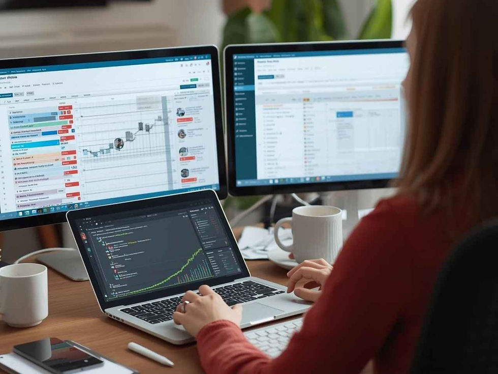 a person in a red sweater works on a laptop displaying data analytics, surrounded by two monitors showing graphs and spreadsheets, conveying focus and productivity.