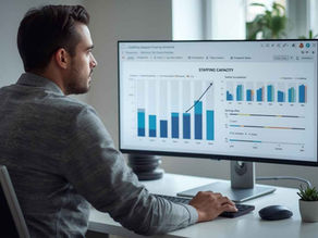 a man in an office is analyzing bar and line graphs labeled staffing capacity on a large computer monitor. the atmosphere is focused and professional on flexible.