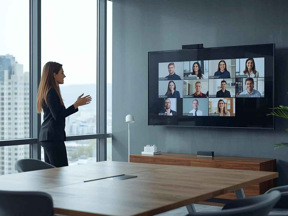 a woman in a business suit conducts a video conference in a modern office. a screen displays a grid of nine colleagues. the atmosphere is professional.