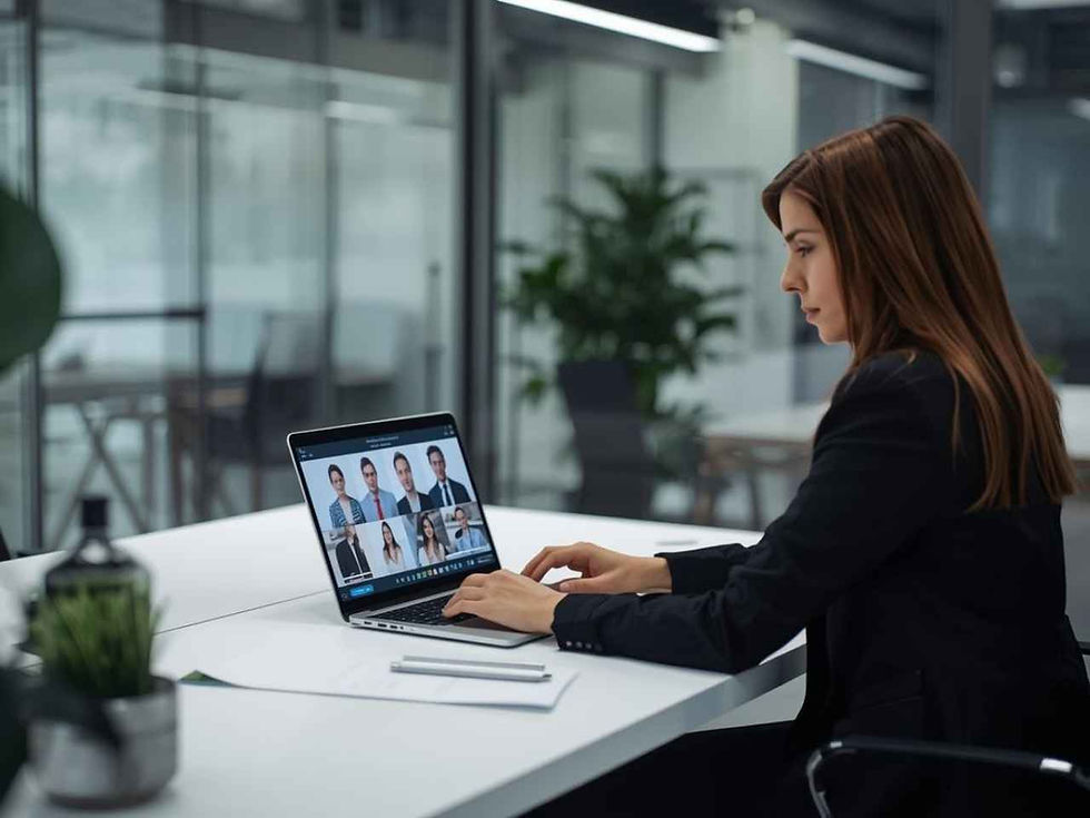 a woman in a black blazer participates in a video call on a laptop in a modern office. eight people are visible on screen. The atmosphere is professional for executive staff recruiters.