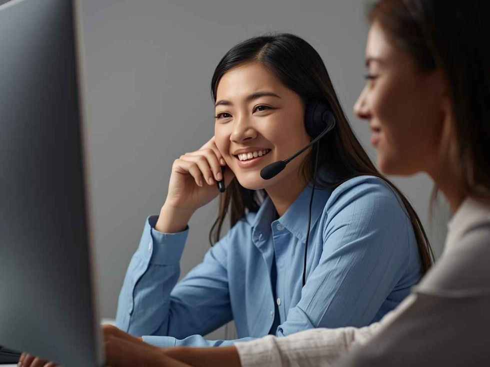 two women in an office setting, both smiling. the woman in the foreground wears a headset, suggesting a call center or customer service role.